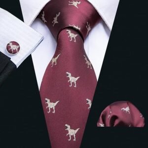Fun Animal Ties for Men Designer Handkerchief Cufflink WOVEN Casual Necktie Set Festival（ A Burgundy Dinasour）