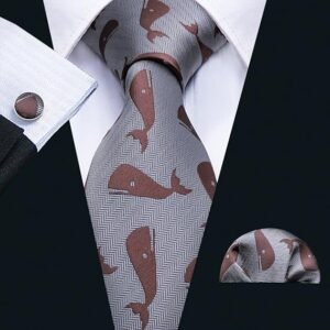 Fun Animal Ties for Men Designer Handkerchief Cufflink WOVEN Casual Necktie Set Festival（ Grey Red Whale）