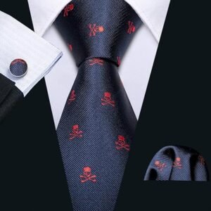Fun Animal Ties for Men Designer Handkerchief Cufflink WOVEN Casual Necktie Set Festival（ Navy Blue Skull）