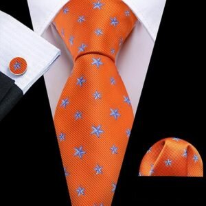 Fun Animal Ties for Men Designer Handkerchief Cufflink WOVEN Casual Necktie Set Festival（ Orange Starfish）