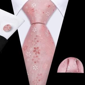 Fun Animal Ties for Men Designer Handkerchief Cufflink WOVEN Casual Necktie Set Festival（ Pink Flower）