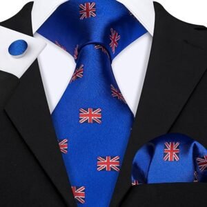 Fun Animal Ties for Men Designer Handkerchief Cufflink WOVEN Casual Necktie Set Festival（ Union Flag）