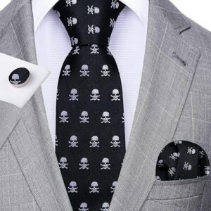 Fun Animal Ties for Men Designer Handkerchief Cufflink WOVEN Casual Necktie Set Festival（ Black Skull）