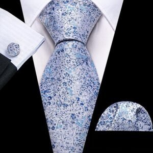 Paisley Tie Fashion Set Hanky Cufflinks Neckties for Men Woven Silk（Azure Floral）