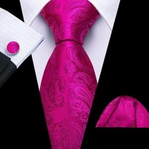 Paisley Tie Fashion Set Hanky Cufflinks Neckties for Men Woven Silk（B Magenta）