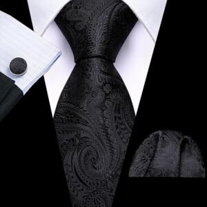 Paisley Tie Fashion Set Hanky Cufflinks Neckties for Men Woven Silk（Black）