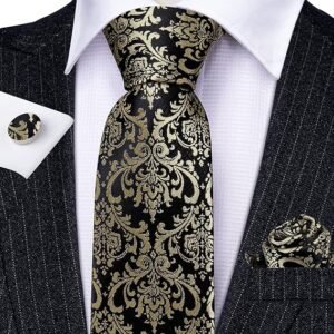Paisley Tie Fashion Set Hanky Cufflinks Neckties for Men Woven Silk（Black Gloden）