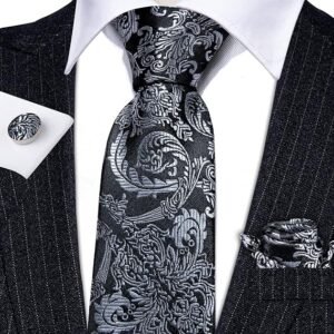 Paisley Tie Fashion Set Hanky Cufflinks Neckties for Men Woven Silk（Black Grey）