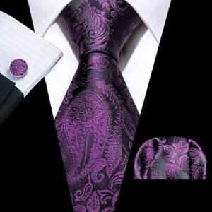 Paisley Tie Fashion Set Hanky Cufflinks Neckties for Men Woven Silk（Black and Purple）