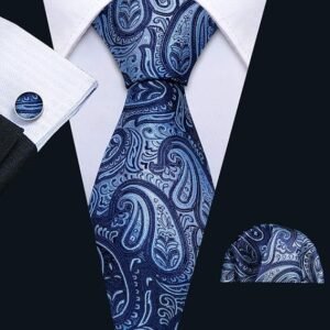 Paisley Tie Fashion Set Hanky Cufflinks Neckties for Men Woven Silk（Blue）