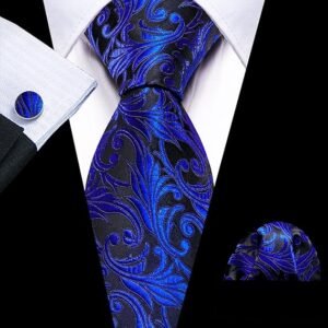 Paisley Tie Fashion Set Hanky Cufflinks Neckties for Men Woven Silk（Blue Black）