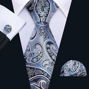 Paisley Tie Fashion Set Hanky Cufflinks Neckties for Men Woven Silk（Blue Black Grey）