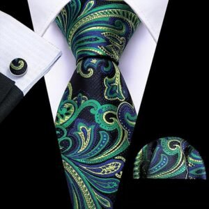 Paisley Tie Fashion Set Hanky Cufflinks Neckties for Men Woven Silk（Blue Green）