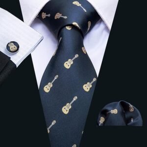 Fun Animal Ties for Men Designer Handkerchief Cufflink WOVEN Casual Necktie Set Festival（ Blue Guitar）