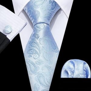 Paisley Tie Fashion Set Hanky Cufflinks Neckties for Men Woven Silk（Blue Sky）
