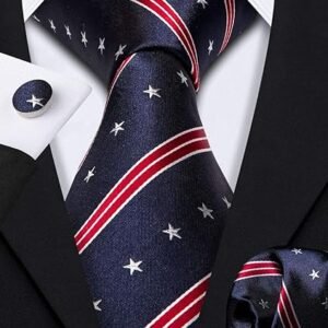 Fun Animal Ties for Men Designer Handkerchief Cufflink WOVEN Casual Necktie Set Festival（America Flag Blue）