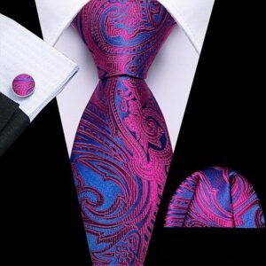 Paisley Tie Fashion Set Hanky Cufflinks Neckties for Men Woven Silk（Blue Teal Red）