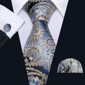Paisley Tie Fashion Set Hanky Cufflinks Neckties for Men Woven Silk（Blue and Grey）