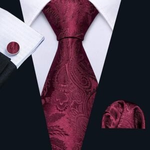 Paisley Tie Fashion Set Hanky Cufflinks Neckties for Men Woven Silk（Burgundy）
