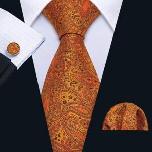 Paisley Tie Fashion Set Hanky Cufflinks Neckties for Men Woven Silk（Deep Orange）
