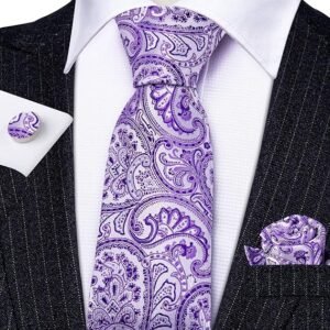 Paisley Tie Fashion Set Hanky Cufflinks Neckties for Men Woven Silk（Dream Purple）