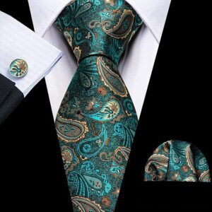 Paisley Tie Fashion Set Hanky Cufflinks Neckties for Men Woven Silk（Green Paisley Gold）