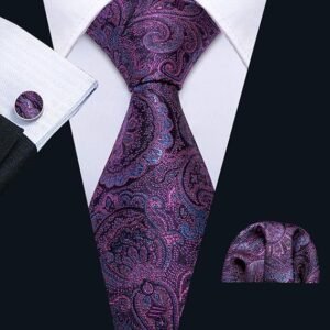Paisley Tie Fashion Set Hanky Cufflinks Neckties for Men Woven Silk（Purple）