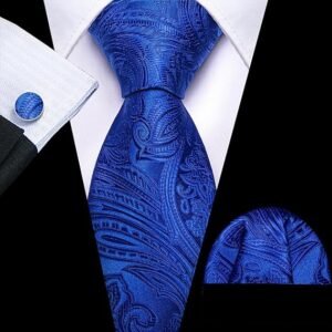 Paisley Tie Fashion Set Hanky Cufflinks Neckties for Men Woven Silk（Royal Blue）
