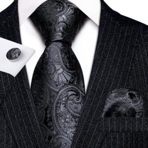 Paisley Tie Fashion Set Hanky Cufflinks Neckties for Men Woven Silk（Solid Black）