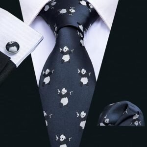 Fun Animal Ties for Men Designer Handkerchief Cufflink WOVEN Casual Necktie Set Festival（ Blue Panda）