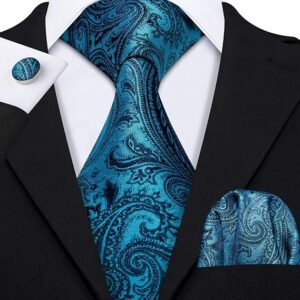 Paisley Tie Fashion Set Hanky Cufflinks Neckties for Men Woven Silk（Teal Blue）