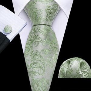 Men Ties Paisley Woven Silk Necktie Set with Pocket Suqare Cufflinks Formal（B-pea Green Paisley）
