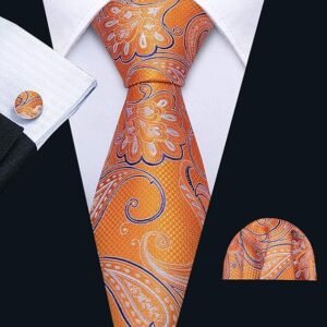 Men Ties Paisley Woven Silk Necktie Set with Pocket Suqare Cufflinks Formal（Bright Orange）