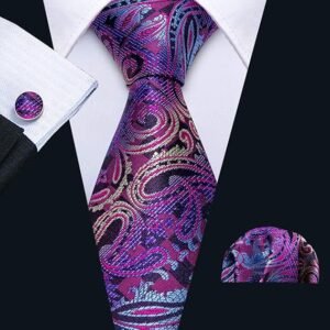 Men Ties Paisley Woven Silk Necktie Set with Pocket Suqare Cufflinks Formal（Deep Purple）