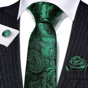 Men Ties Paisley Woven Silk Necktie Set with Pocket Suqare Cufflinks Formal（Emerald Green Paisley）