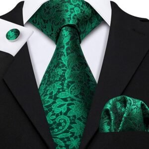 Men Ties Paisley Woven Silk Necktie Set with Pocket Suqare Cufflinks Formal（Emerald Light Green）