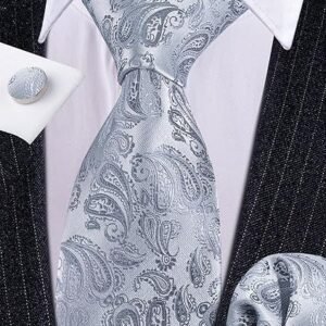 Men Ties Paisley Woven Silk Necktie Set with Pocket Suqare Cufflinks Formal（Gray Silver）