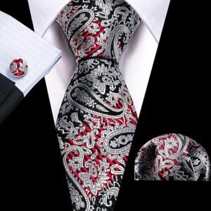 Men Ties Paisley Woven Silk Necktie Set with Pocket Suqare Cufflinks Formal（Grey Red）