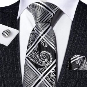 Men Ties Paisley Woven Silk Necktie Set with Pocket Suqare Cufflinks Formal（Grey and Black）