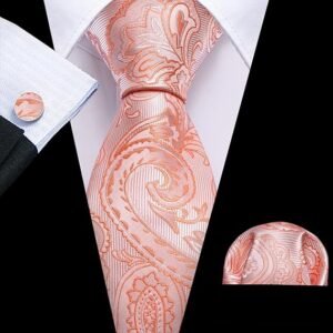 Men Ties Paisley Woven Silk Necktie Set with Pocket Suqare Cufflinks Formal（Meat Pink）