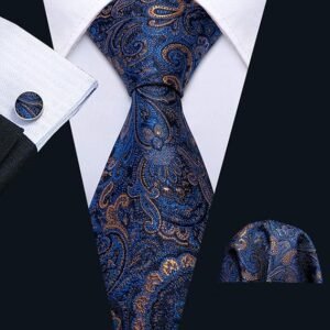 Men Ties Paisley Woven Silk Necktie Set with Pocket Suqare Cufflinks Formal（Navy Blue Gold）