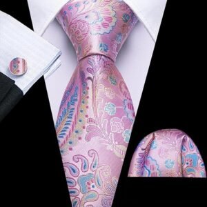 Men Ties Paisley Woven Silk Necktie Set with Pocket Suqare Cufflinks Formal（Pink Blue）