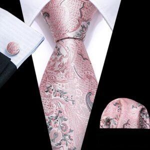 Men Ties Paisley Woven Silk Necktie Set with Pocket Suqare Cufflinks Formal（Pink Floral）