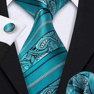 Men Ties Paisley Woven Silk Necktie Set with Pocket Suqare Cufflinks Formal（Royal Teal）