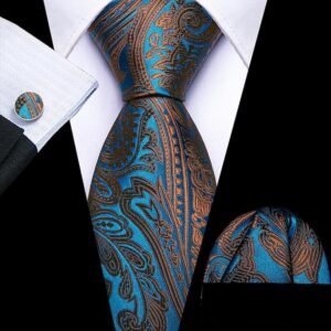 Men Ties Paisley Woven Silk Necktie Set with Pocket Suqare Cufflinks Formal（Teal）