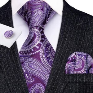 Men Ties Paisley Woven Silk Necktie Set with Pocket Suqare Cufflinks Formal（Violet Purple）