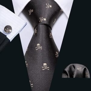 Fun Animal Ties for Men Designer Handkerchief Cufflink WOVEN Casual Necktie Set Festival（ Brown Skull）