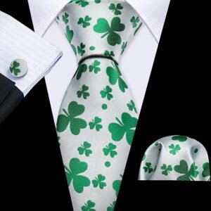 Fun Animal Ties for Men Designer Handkerchief Cufflink WOVEN Casual Necktie Set Festival（ Emerald Solid Shamrock）