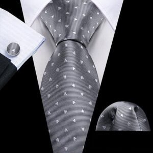Fun Animal Ties for Men Designer Handkerchief Cufflink WOVEN Casual Necktie Set Festival（ Grey Heart）