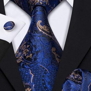 Paisley Tie Fashion Set Hanky Cufflinks Neckties for Men Woven Silk（A Royal Blue）